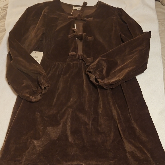 Aeron & Amber Brown Velvet Mini Dress Bow Tie Front Cottagecore Boho S - Picture 5 of 9